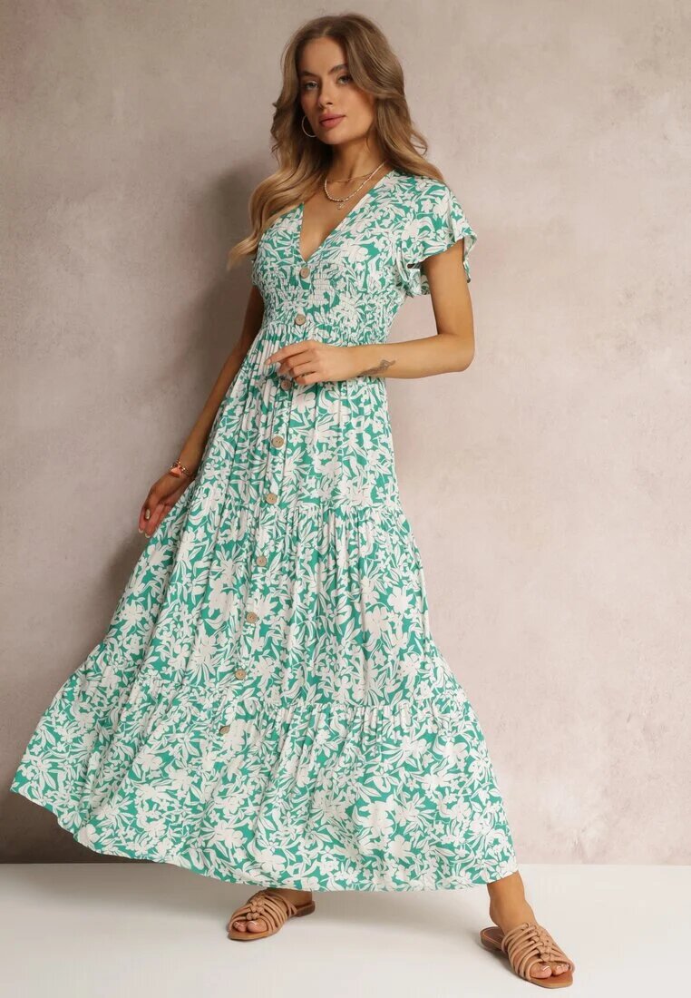 cflo Rochie Maxi Verde deschis-Albă Vâscoză cu elastic în talie și volane Maethia
