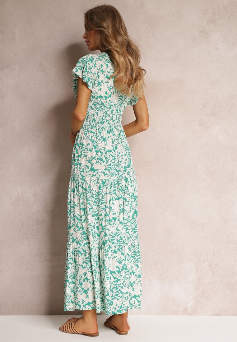 cflo Rochie Maxi Verde deschis-Albă Vâscoză cu elastic în talie și volane Maethia