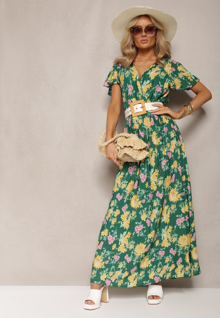 cflo Rochie Maxi Verde-Galben Floral din Viscoză cu Croială Cloș și Decolteu Petrecut Brilva