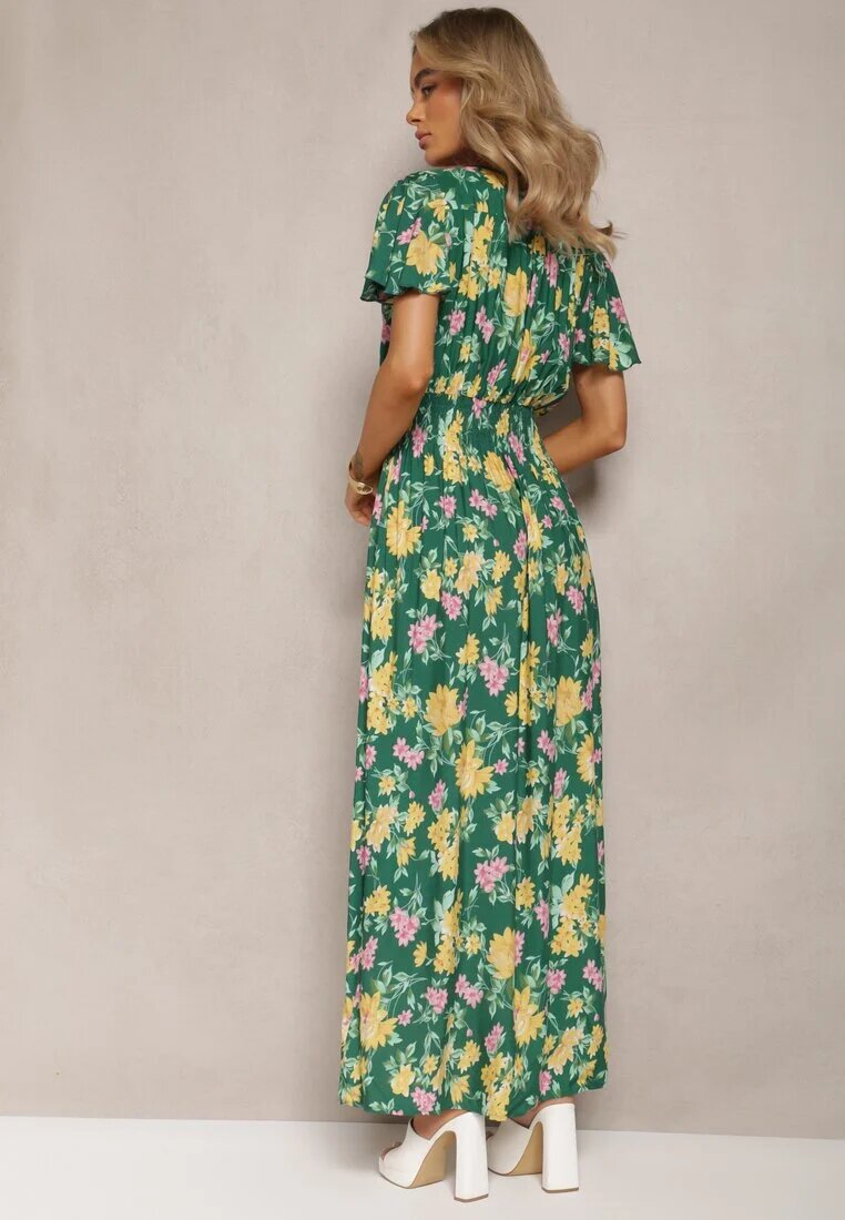 cflo Rochie Maxi Verde-Galben Floral din Viscoză cu Croială Cloș și Decolteu Petrecut Brilva
