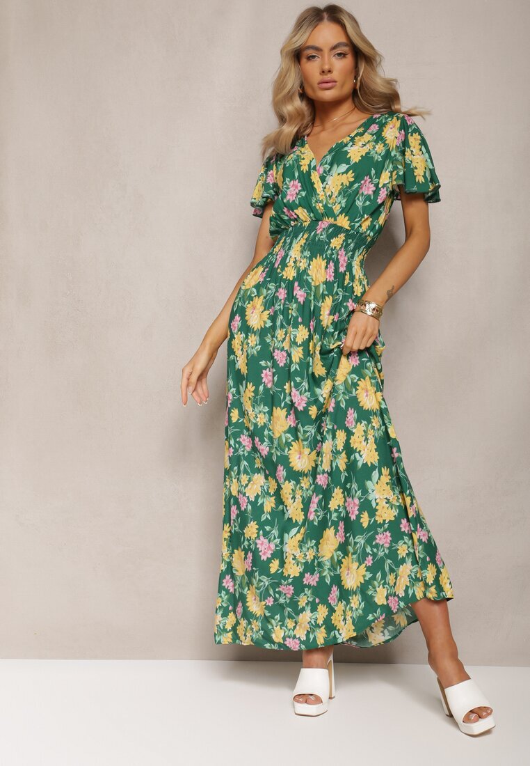 cflo Rochie Maxi Verde-Galben Floral din Viscoză cu Croială Cloș și Decolteu Petrecut Brilva