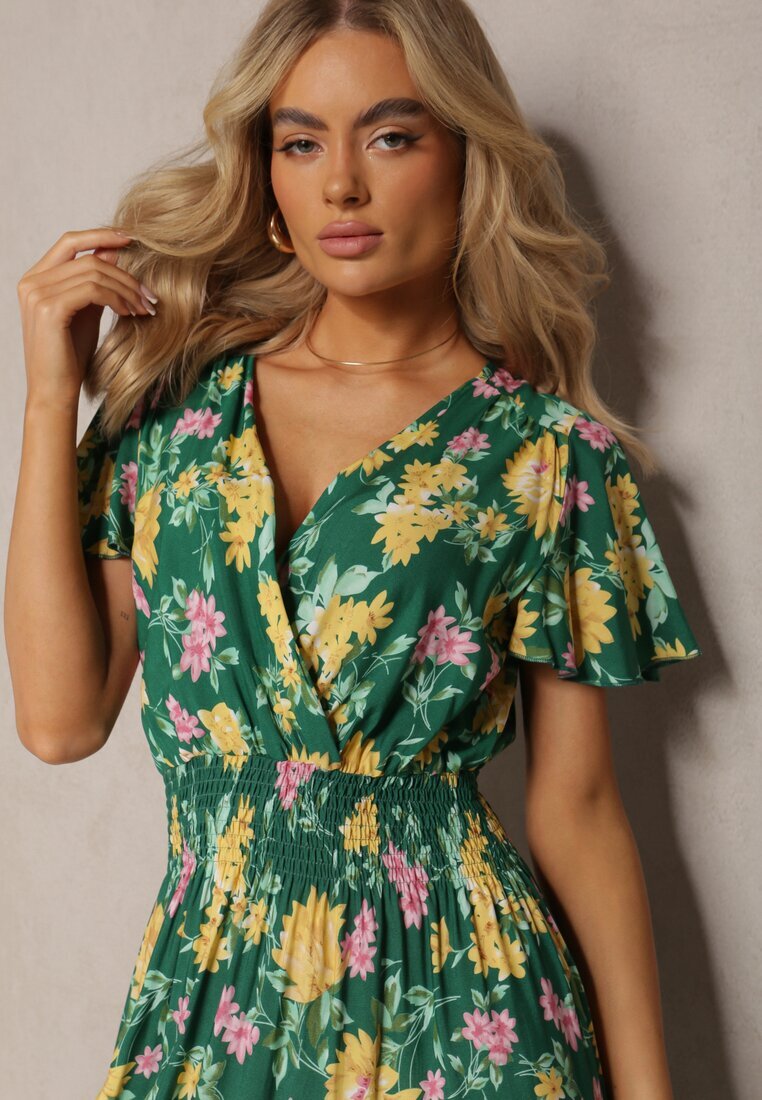 cflo Rochie Maxi Verde-Galben Floral din Viscoză cu Croială Cloș și Decolteu Petrecut Brilva