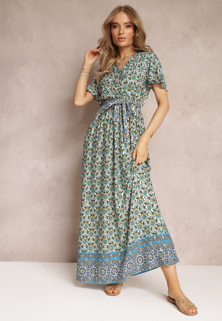 cflo Rochie Maxi Verde Mentă cu Cordon și Elastic în Talie cu Model Ornamental Calvim