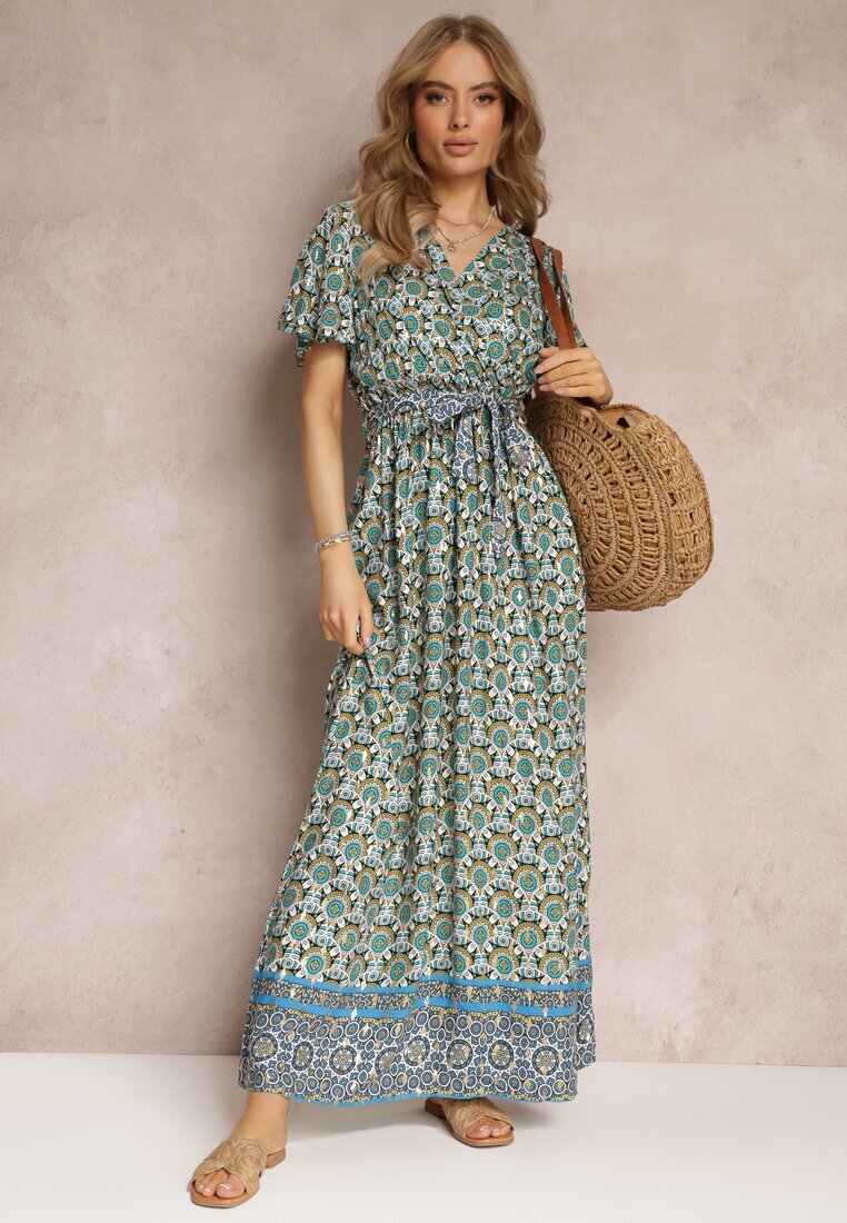 cflo Rochie Maxi Verde Mentă cu Cordon și Elastic în Talie cu Model Ornamental Calvim