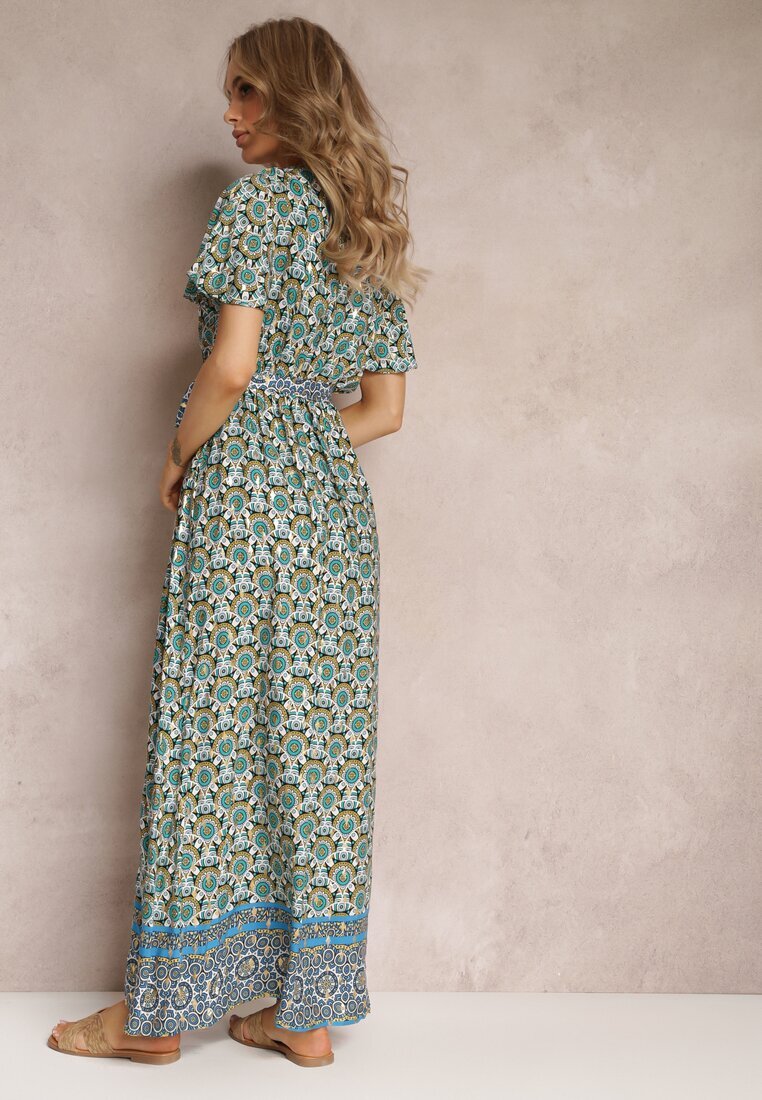 cflo Rochie Maxi Verde Mentă cu Cordon și Elastic în Talie cu Model Ornamental Calvim