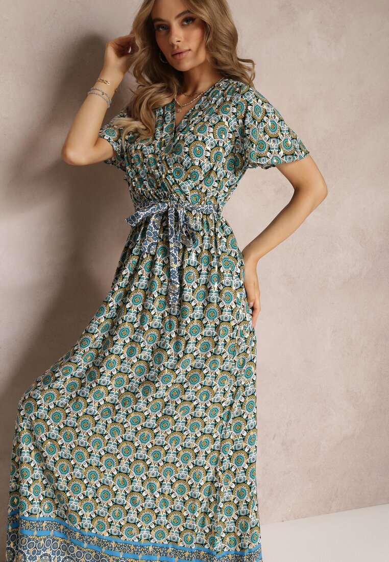 cflo Rochie Maxi Verde Mentă cu Cordon și Elastic în Talie cu Model Ornamental Calvim