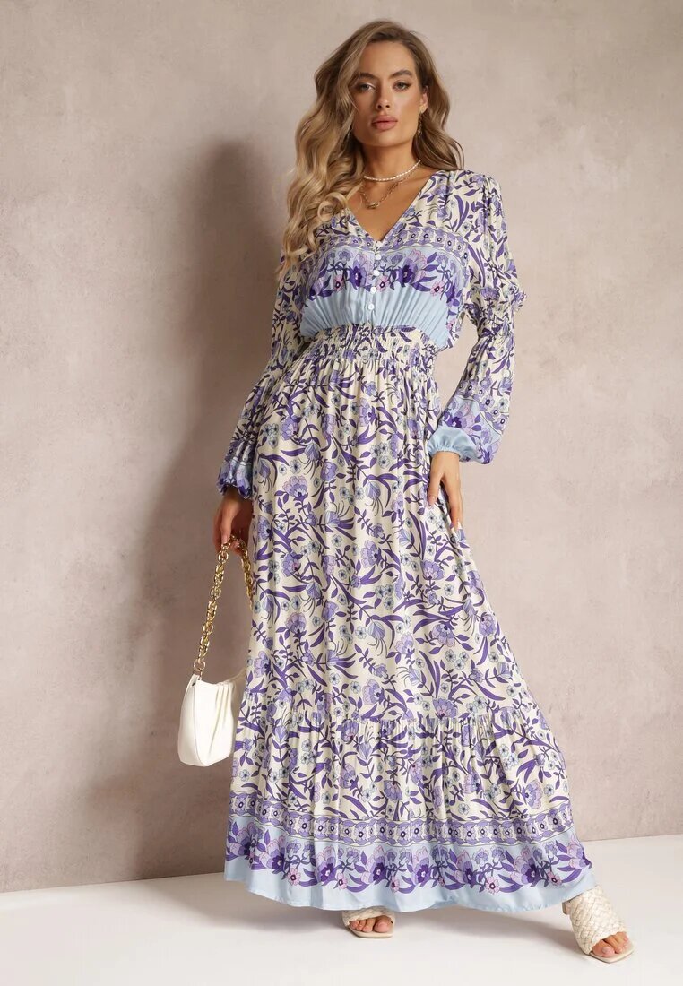 cflo Rochie Maxi Violet-bej cu Imprimeu Floral din Viscoză Vellu