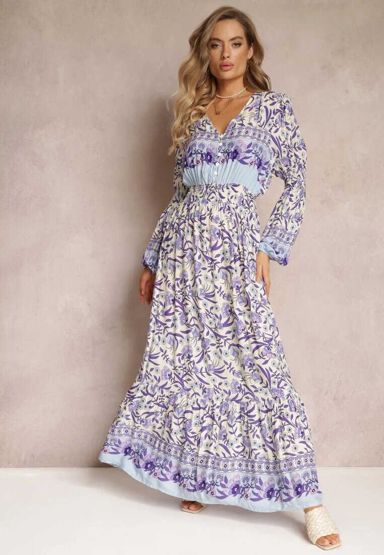 cflo Rochie Maxi Violet-bej cu Imprimeu Floral din Viscoză Vellu