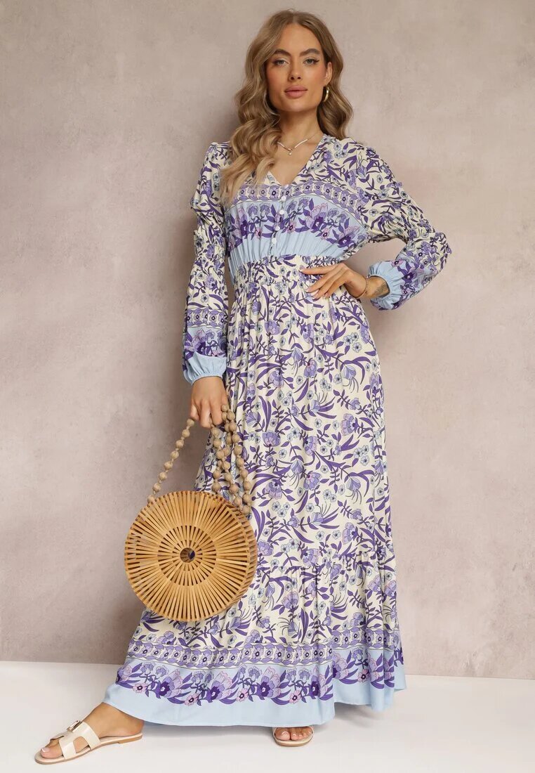 cflo Rochie Maxi Violet-bej cu Imprimeu Floral din Viscoză Vellu