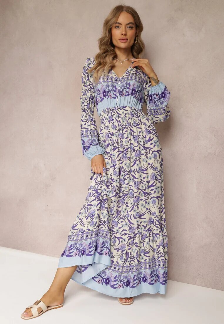 cflo Rochie Maxi Violet-bej cu Imprimeu Floral din Viscoză Vellu