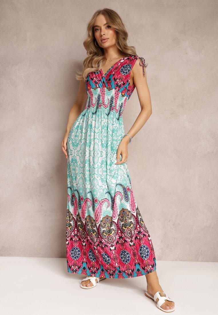cflo Rochie Mentă-Fuchsia Maxi în Stil Boho cu Elastic în Talie Bernette