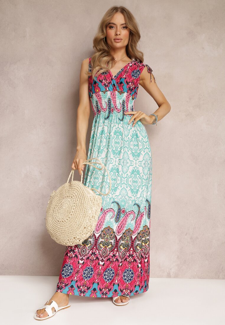 cflo Rochie Mentă-Fuchsia Maxi în Stil Boho cu Elastic în Talie Bernette