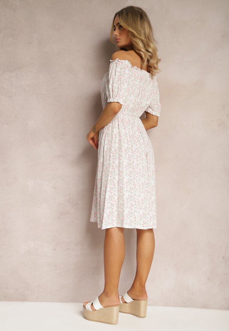cflo Rochie Midi Albă din Viscoză Cu Imprimeu Floral Cu Decolteu Spagnol Agirala