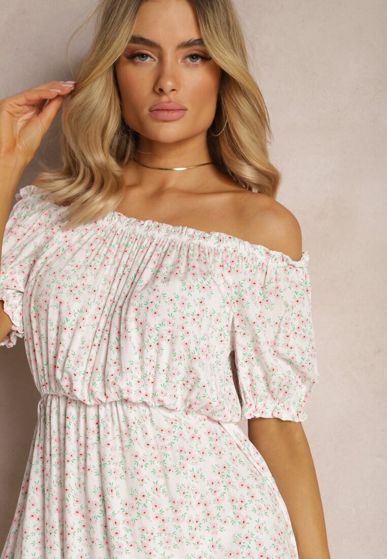 cflo Rochie Midi Albă din Viscoză Cu Imprimeu Floral Cu Decolteu Spagnol Agirala