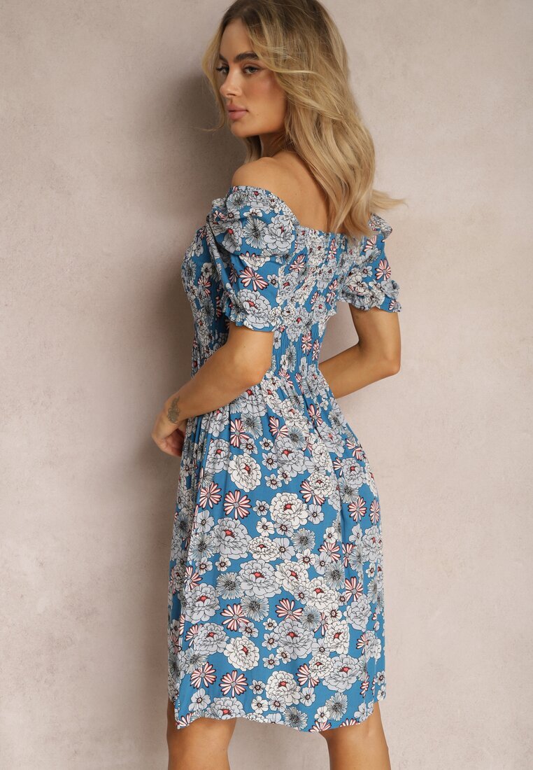 cflo Rochie Midi Albastră din Viscoză Florală cu Decolteu Pătrat și Drapaje Nasoria