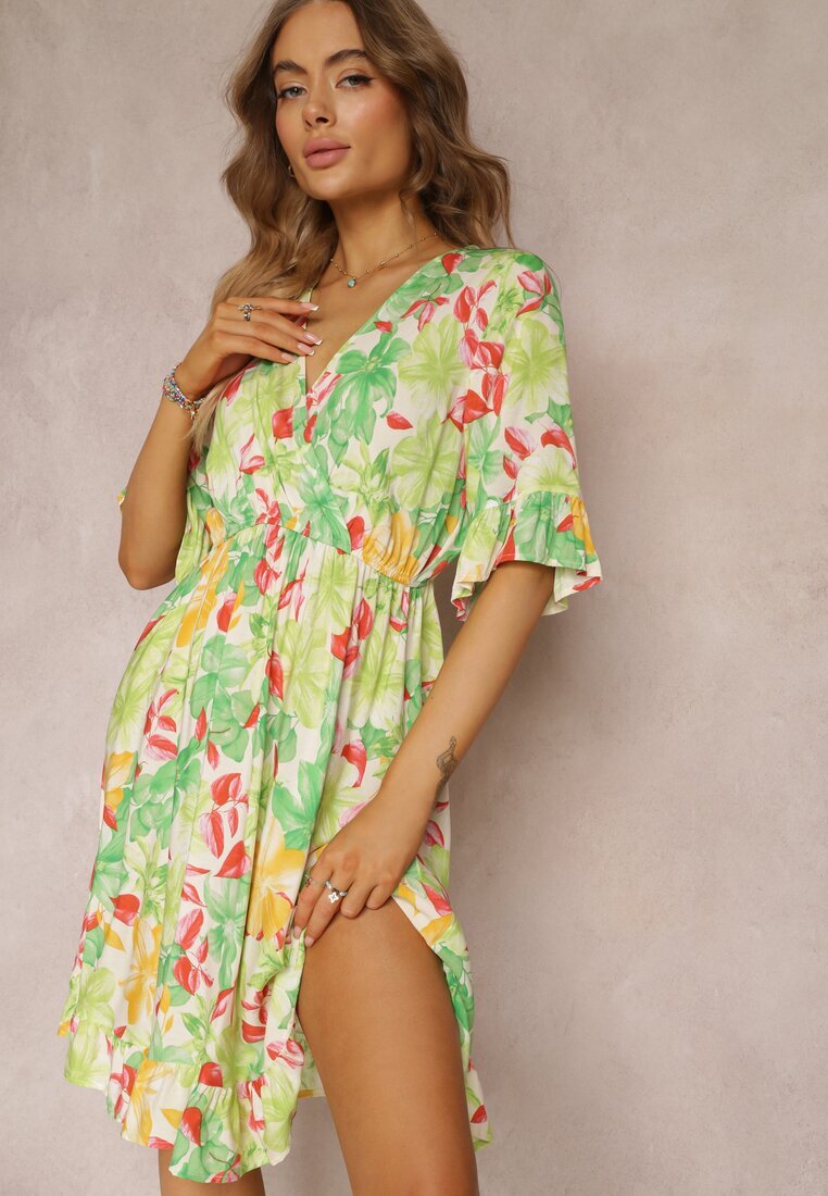 cflo Rochie Mini Cloș cu Decolteu Petrecut și Elastic în Talie Verde Deschis din Viscoză Elidi
