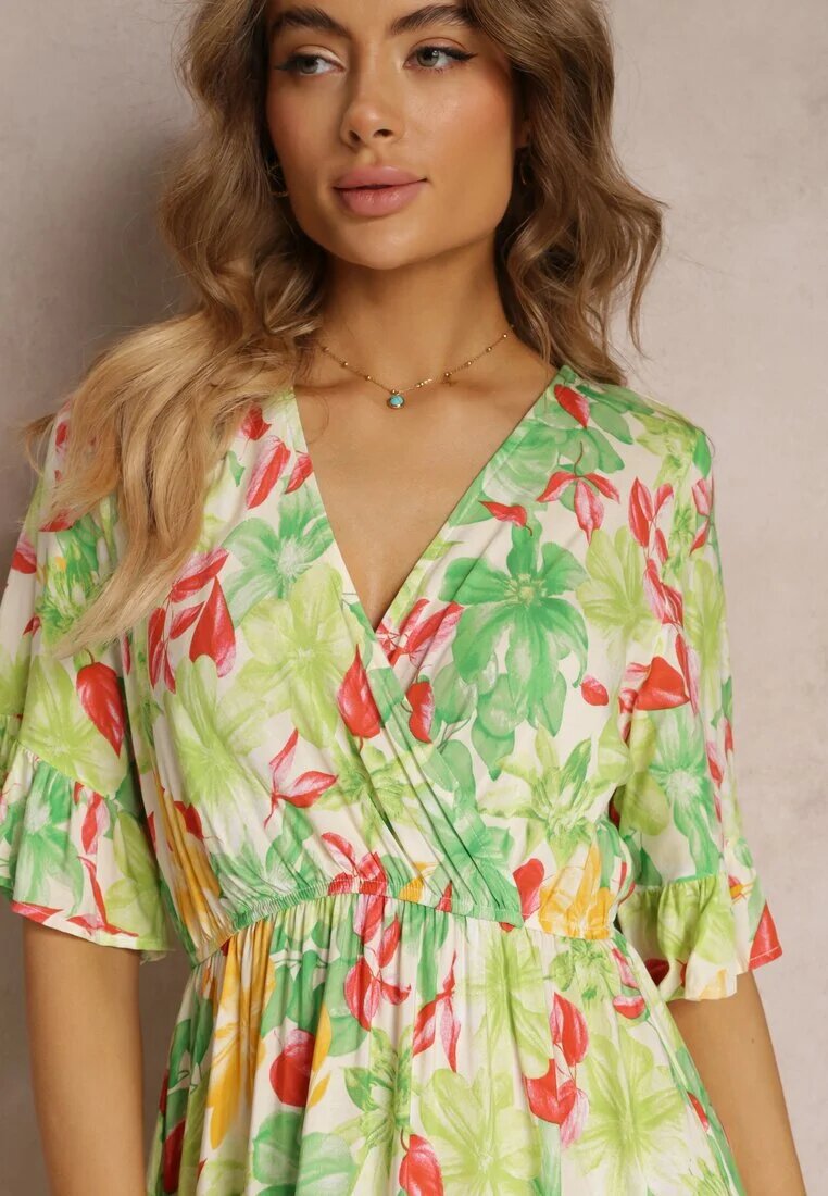 cflo Rochie Mini Cloș cu Decolteu Petrecut și Elastic în Talie Verde Deschis din Viscoză Elidi