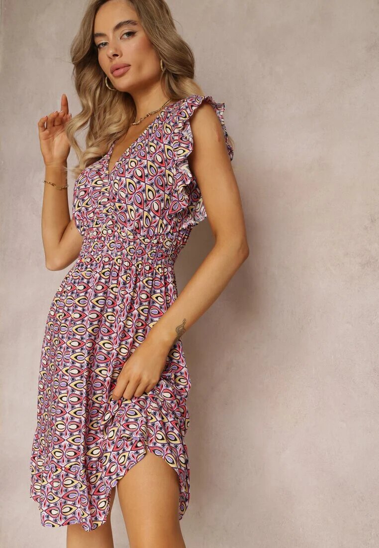 cflo Rochie Mini din viscoză violet-roz cu elastic în talie cu flori Reeves