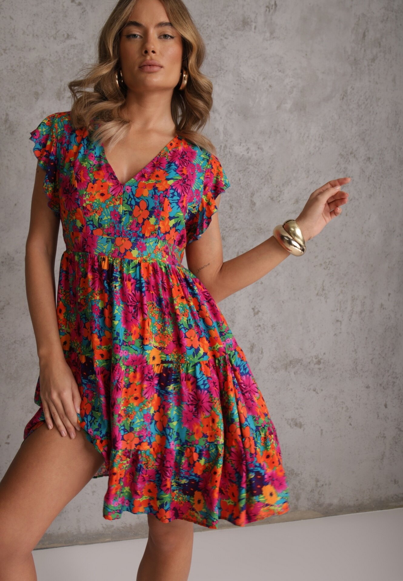 cflo Rochie mini Fucsia din viscoză cu volan Linne