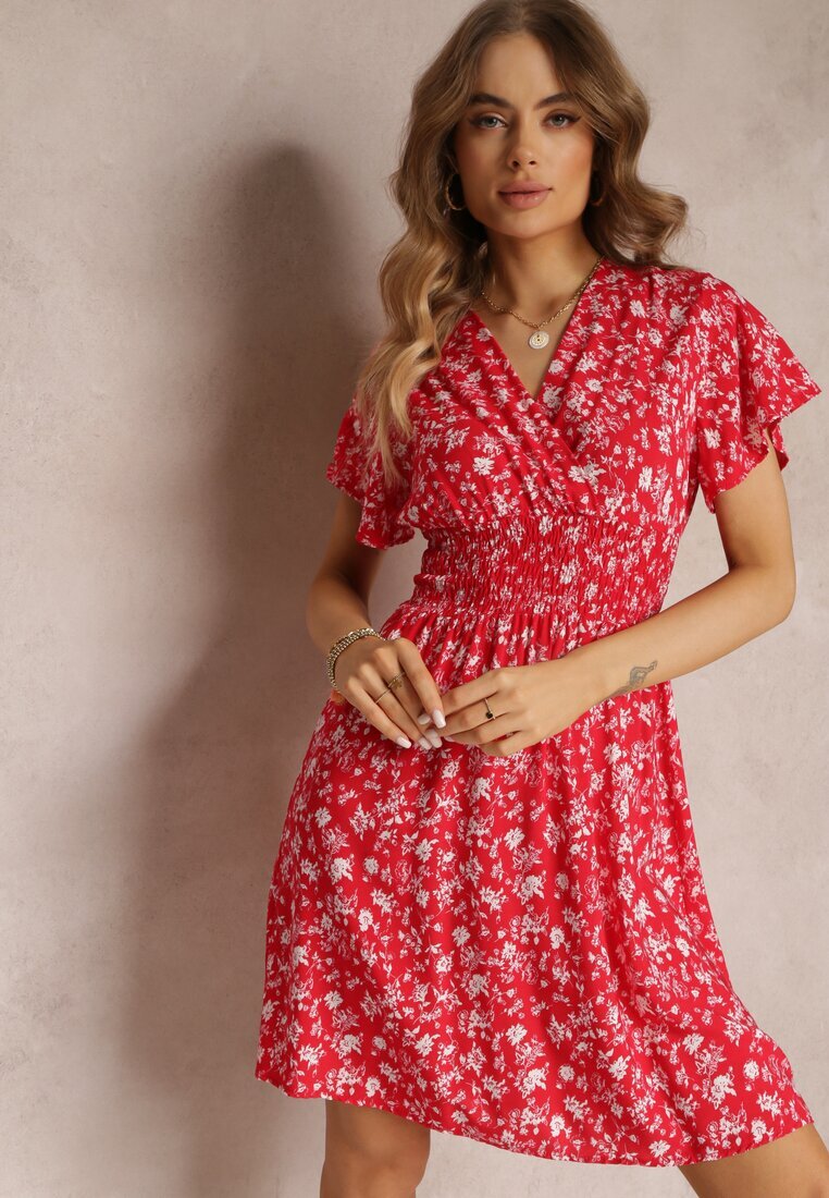 cflo Rochie mini roșie vâscoză cu flori cu elastic în talie și cu bust petrecut Joslena