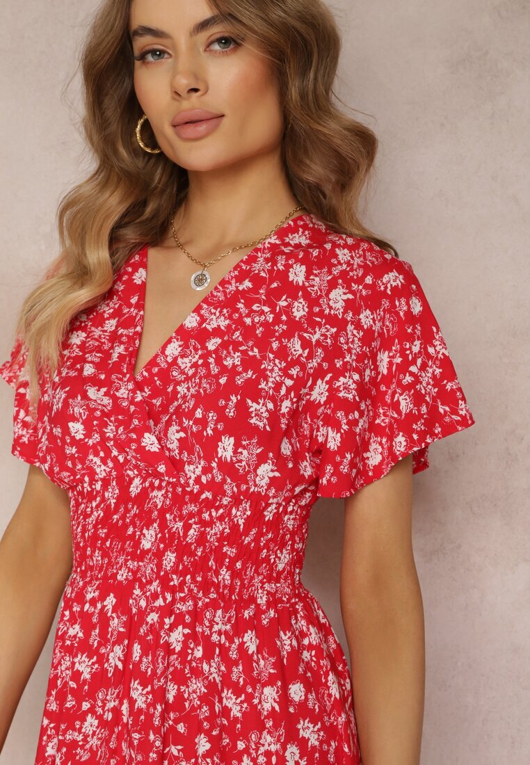 cflo Rochie mini roșie vâscoză cu flori cu elastic în talie și cu bust petrecut Joslena
