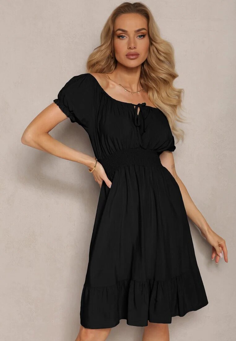 cflo Rochie Neagră din Vâscoză cu Elastic în Talie și Decolteu cu Elastic Tiimazela
