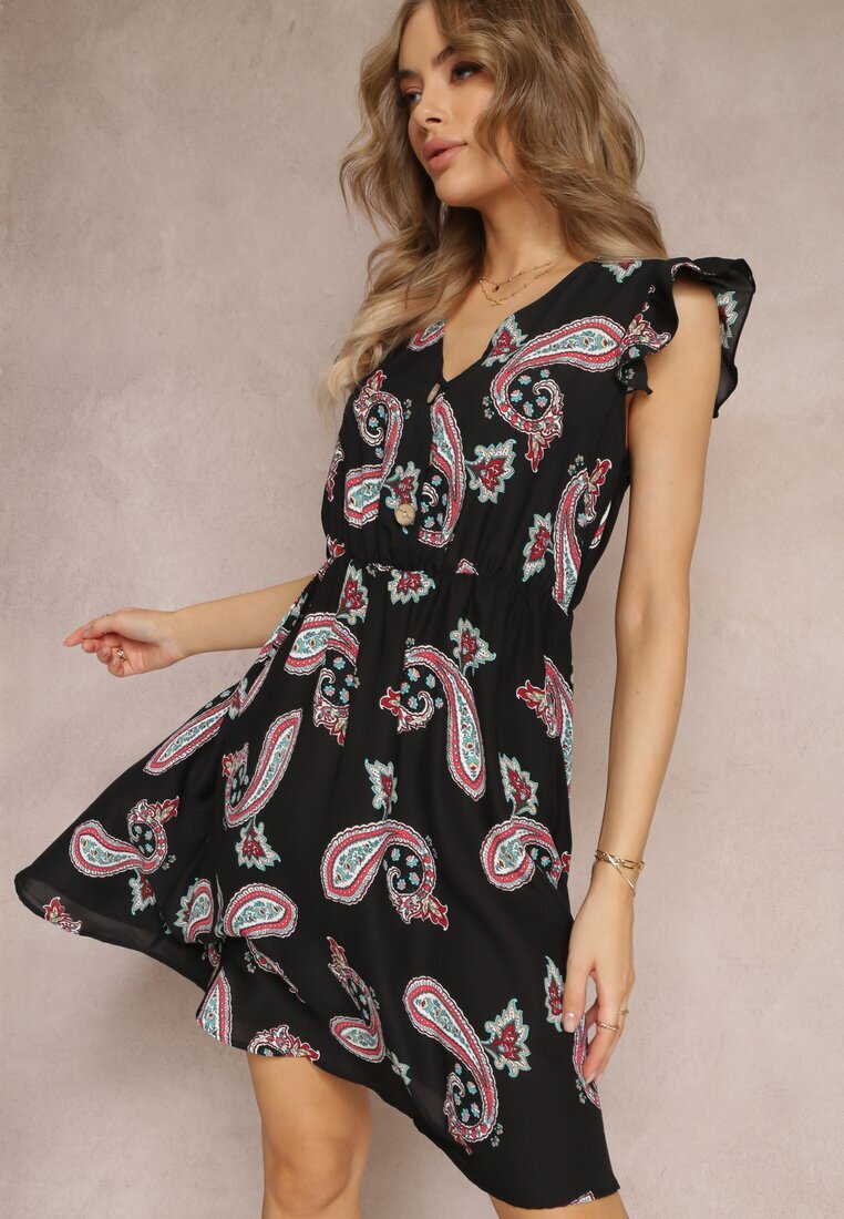 cflo Rochie Neagră Evazată Mini cu model Paisley Rachelli