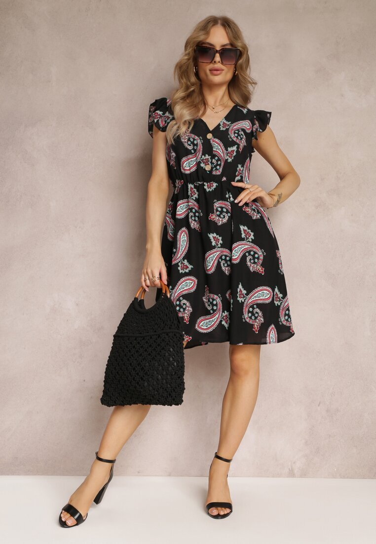 cflo Rochie Neagră Evazată Mini cu model Paisley Rachelli