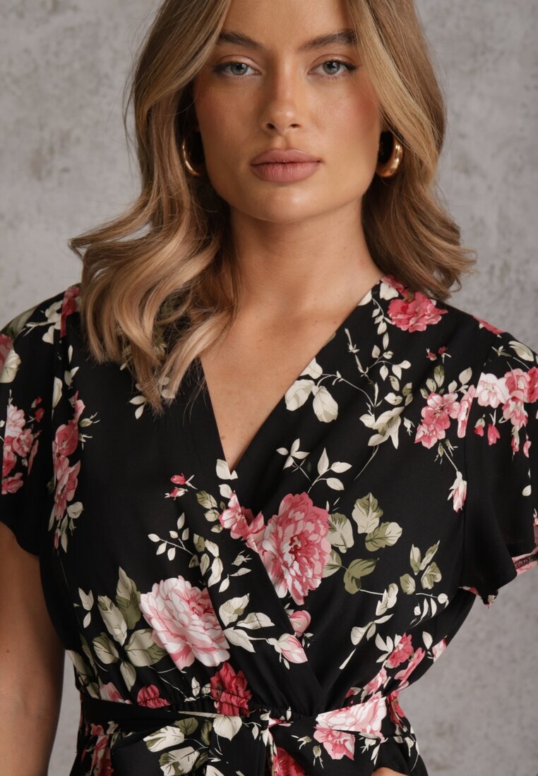 cflo Rochie Neagră Florală cu croială petrecută cu cordon legat Iphene