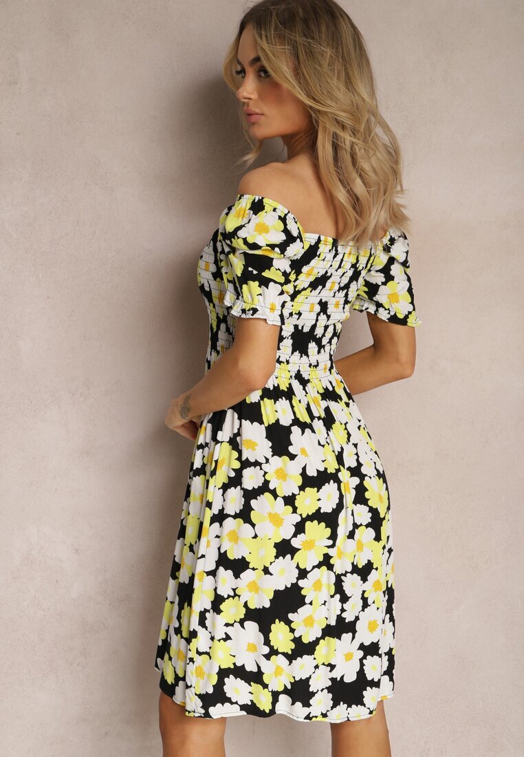 cflo Rochie Negru-Galbenă din Viscoză Midi cu Decolteu Pătrat și Model Floral Narcca