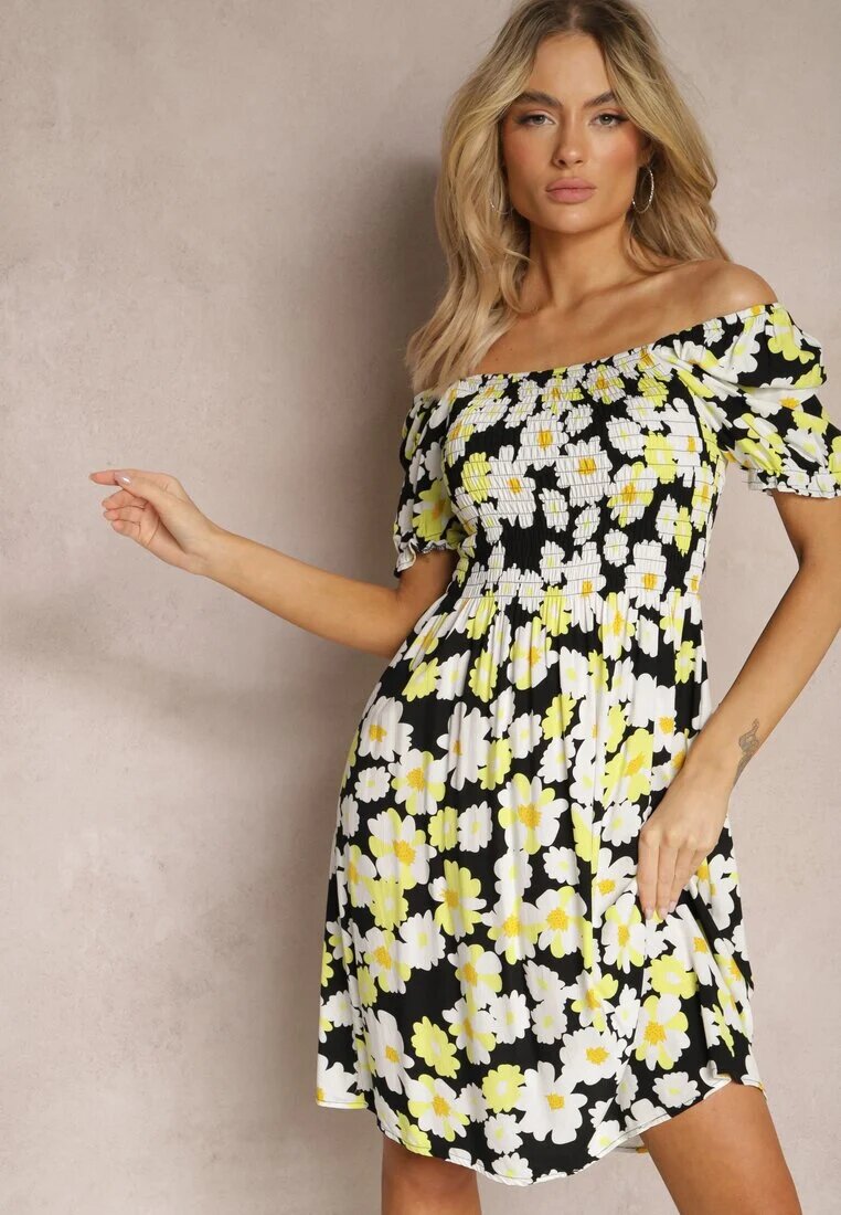 cflo Rochie Negru-Galbenă din Viscoză Midi cu Decolteu Pătrat și Model Floral Narcca