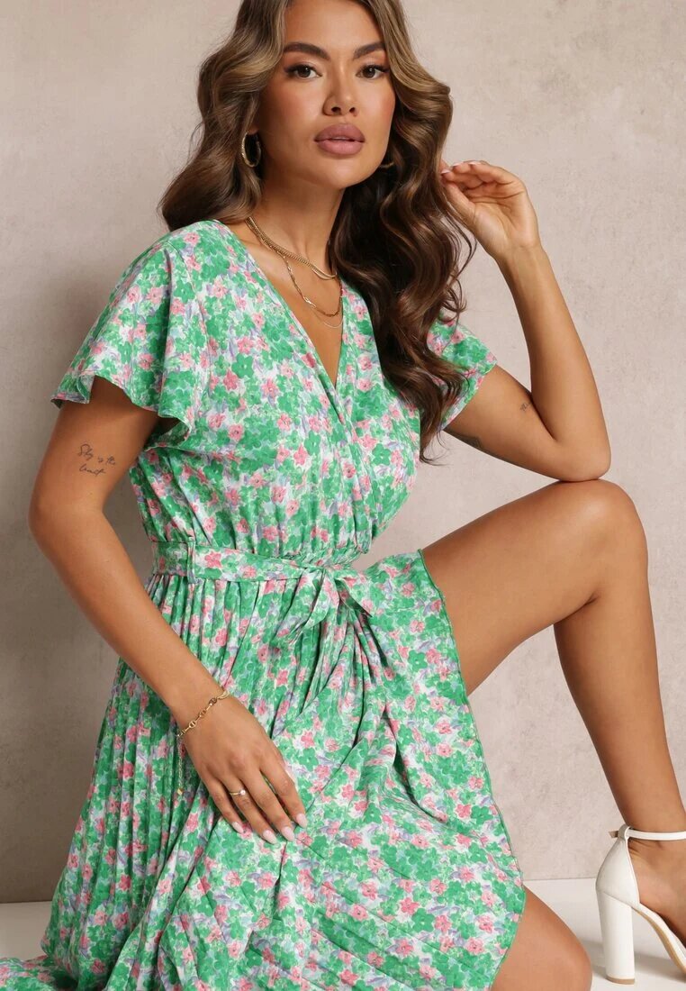 cflo Rochie Plisată Maxi Verde cu Flori cu Elastic în Talie Ikama