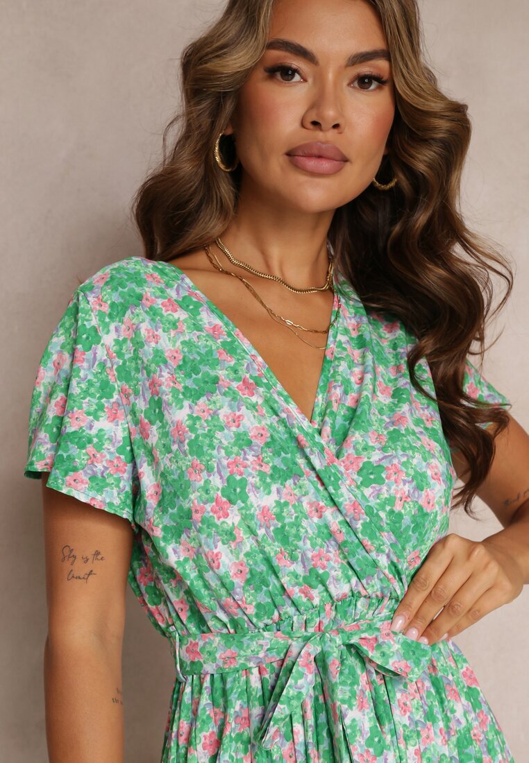 cflo Rochie Plisată Maxi Verde cu Flori cu Elastic în Talie Ikama