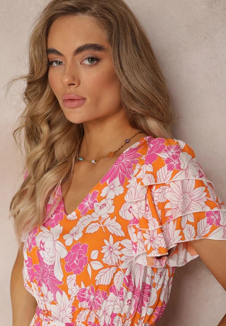 cflo Rochie Portocalie din Vâscoză cu Imprimeu Floral cu Cordon de Legat Malore