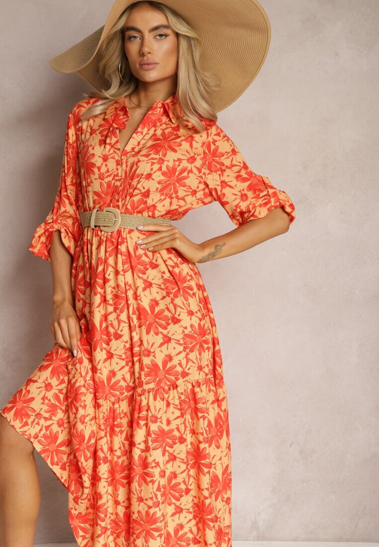 cflo Rochie Portocalie Încântătoare cu bust tip cămașă și cu model floral Nealavin