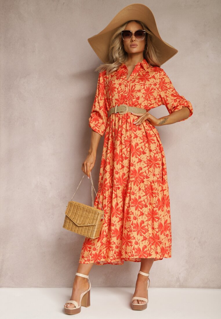 cflo Rochie Portocalie Încântătoare cu bust tip cămașă și cu model floral Nealavin