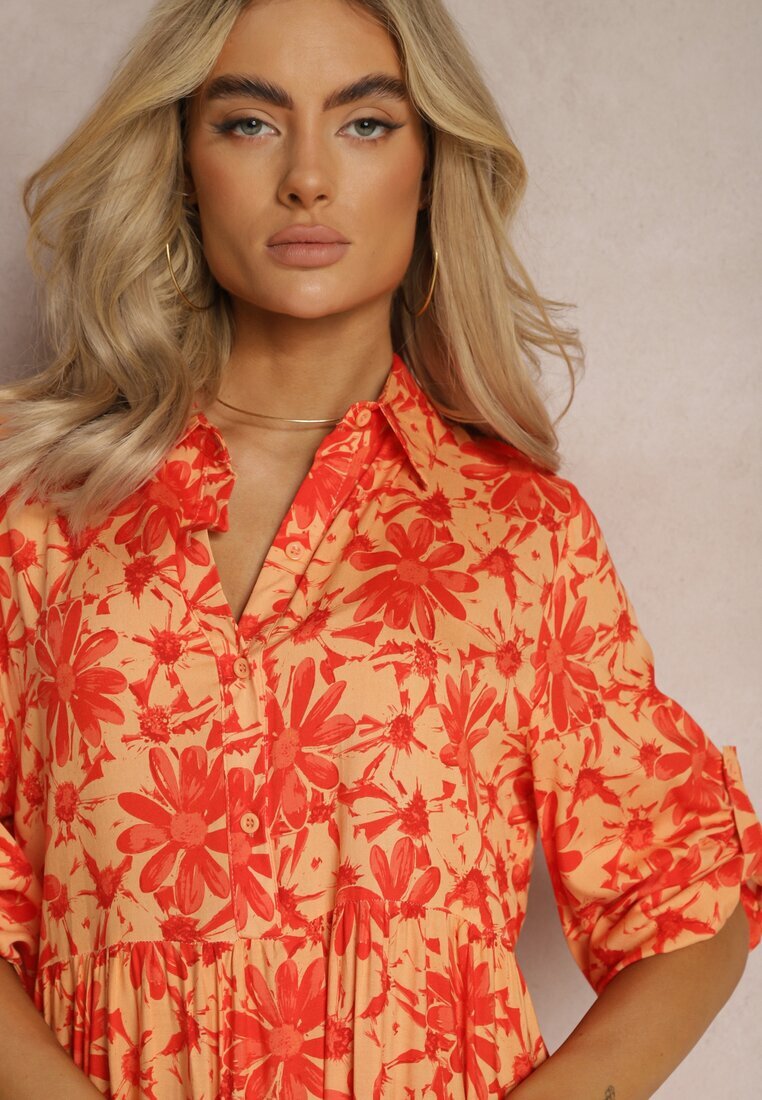 cflo Rochie Portocalie Încântătoare cu bust tip cămașă și cu model floral Nealavin
