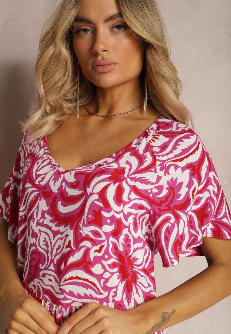 cflo Rochie Roz din viscoză decorată cu volane cu mânecă scurtă Danibella