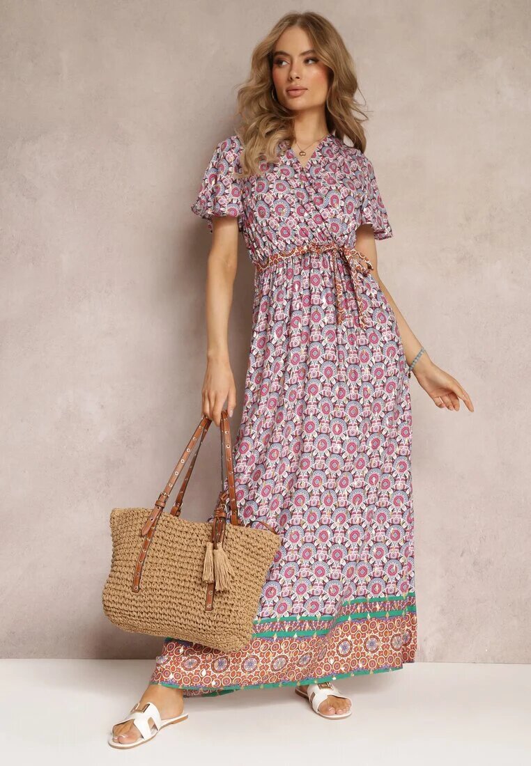 cflo Rochie Roz Maxi cu Curea și Elastic în Talie cu Model Ornamental Calvim