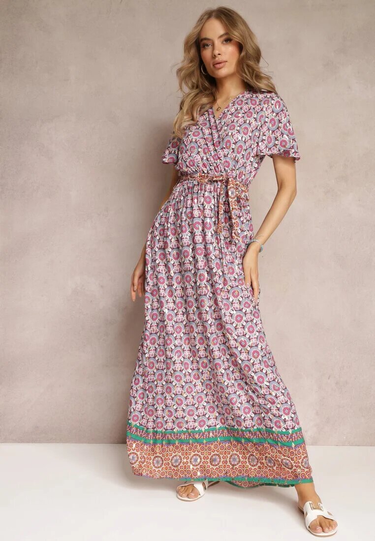 cflo Rochie Roz Maxi cu Curea și Elastic în Talie cu Model Ornamental Calvim