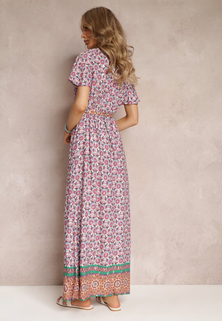 cflo Rochie Roz Maxi cu Curea și Elastic în Talie cu Model Ornamental Calvim