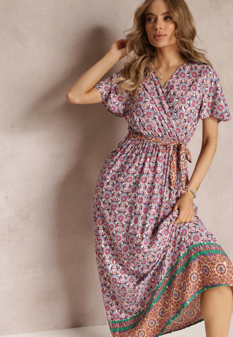 cflo Rochie Roz Maxi cu Curea și Elastic în Talie cu Model Ornamental Calvim