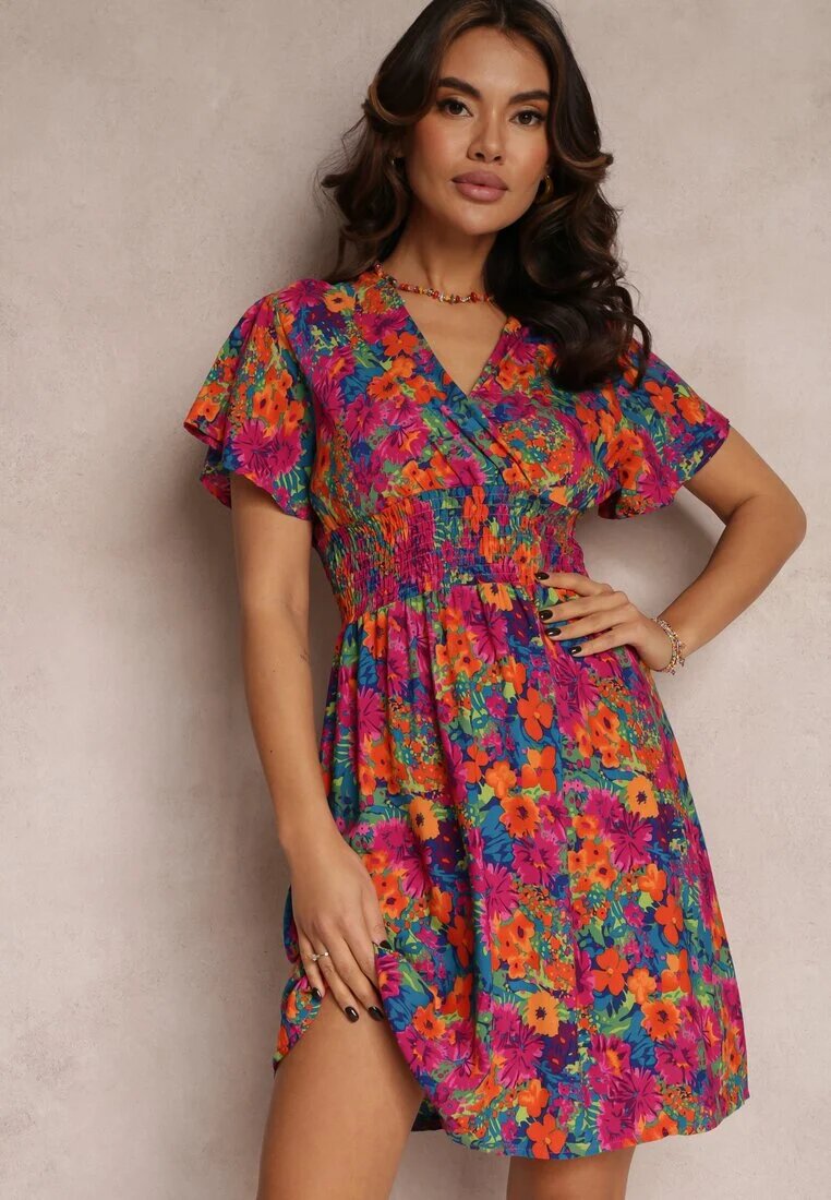 cflo Rochie scurtă Roz-Bleu-Marin cu flori cu elastic lat în talie Meles