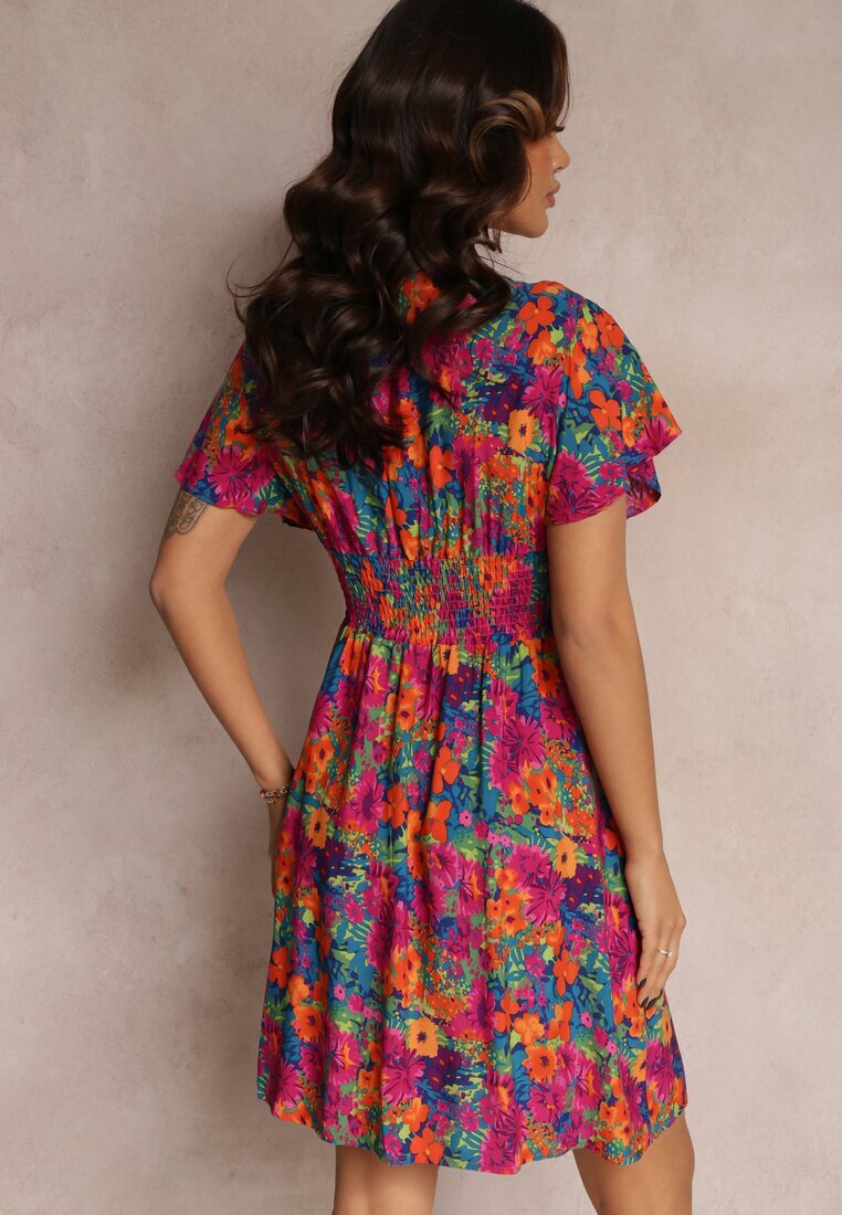 cflo Rochie scurtă Roz-Bleu-Marin cu flori cu elastic lat în talie Meles