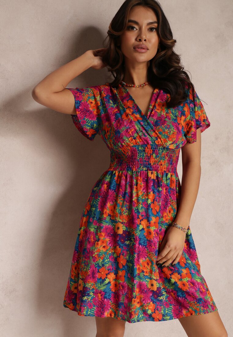 cflo Rochie scurtă Roz-Bleu-Marin cu flori cu elastic lat în talie Meles