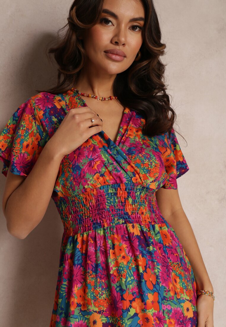 cflo Rochie scurtă Roz-Bleu-Marin cu flori cu elastic lat în talie Meles