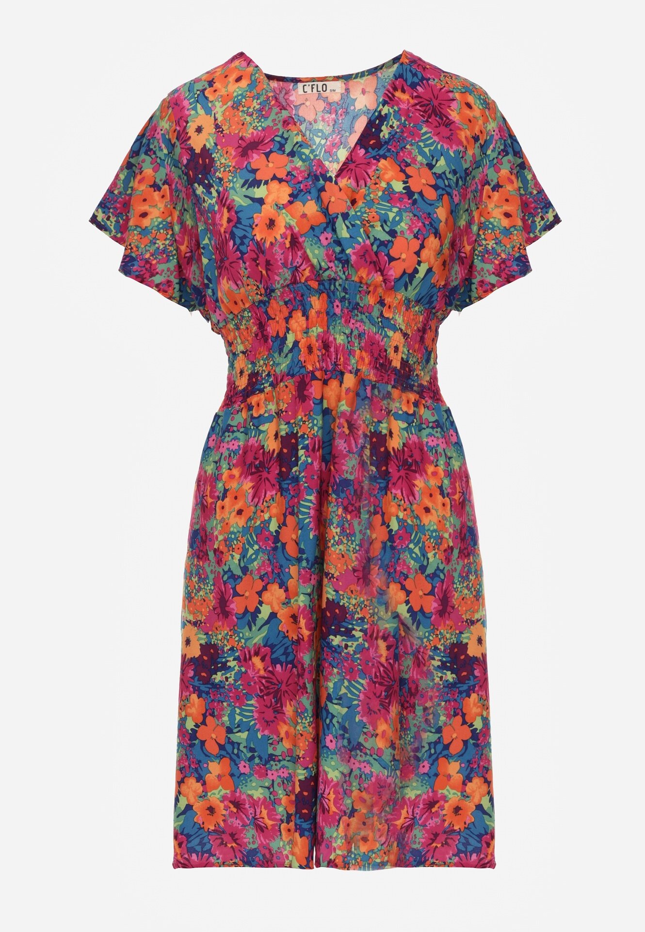 cflo Rochie scurtă Roz-Bleu-Marin cu flori cu elastic lat în talie Meles