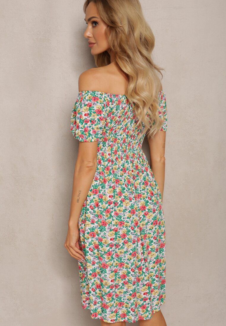 cflo Rochie Spanie Alb-Verde din Viscoză cu Imprimeu Floral Pialara
