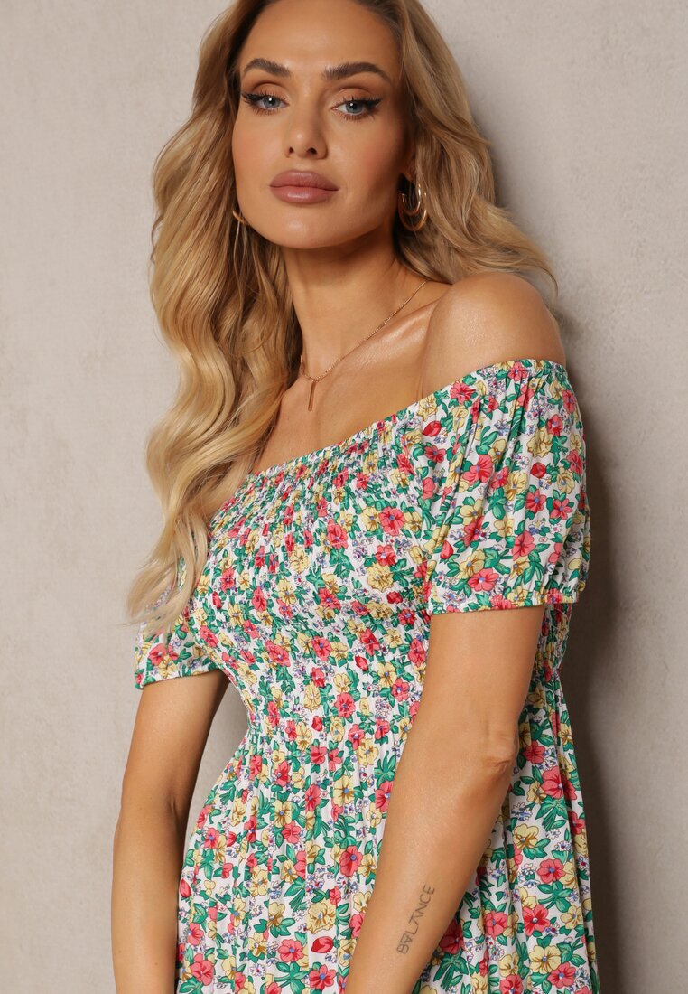 cflo Rochie Spanie Alb-Verde din Viscoză cu Imprimeu Floral Pialara
