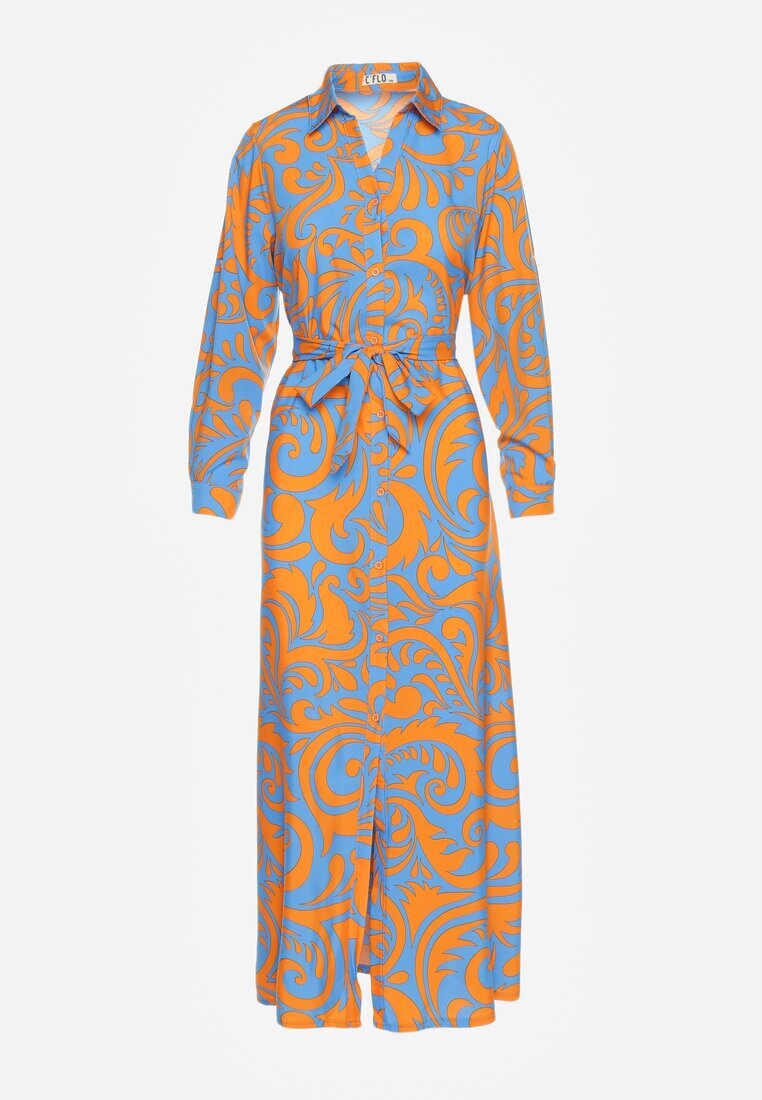 cflo Rochie Tip Cămașă Albastră-Portocalie Maxi cu Cordon din Material cu Imprimeu Abstract Lirans